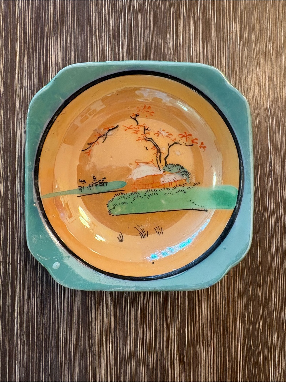 Vintage Japanese Dish in Green and Orange